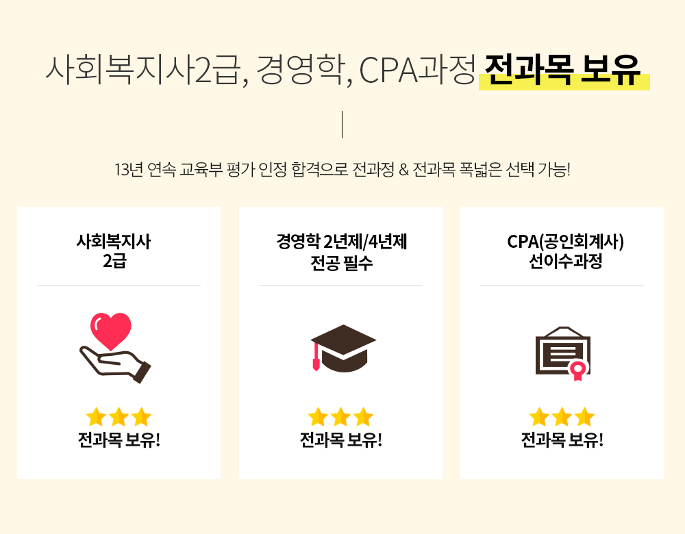 사회복지사2급, 경영학, CPA과정 전과목 보유