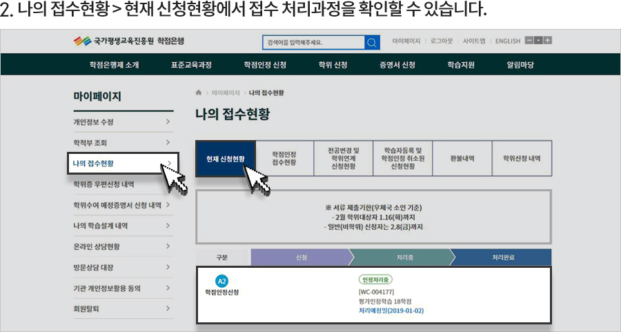 2.각종 접수현황 > 현재 신청현황에서 접수 처리과정을 확인할 수 있습니다.